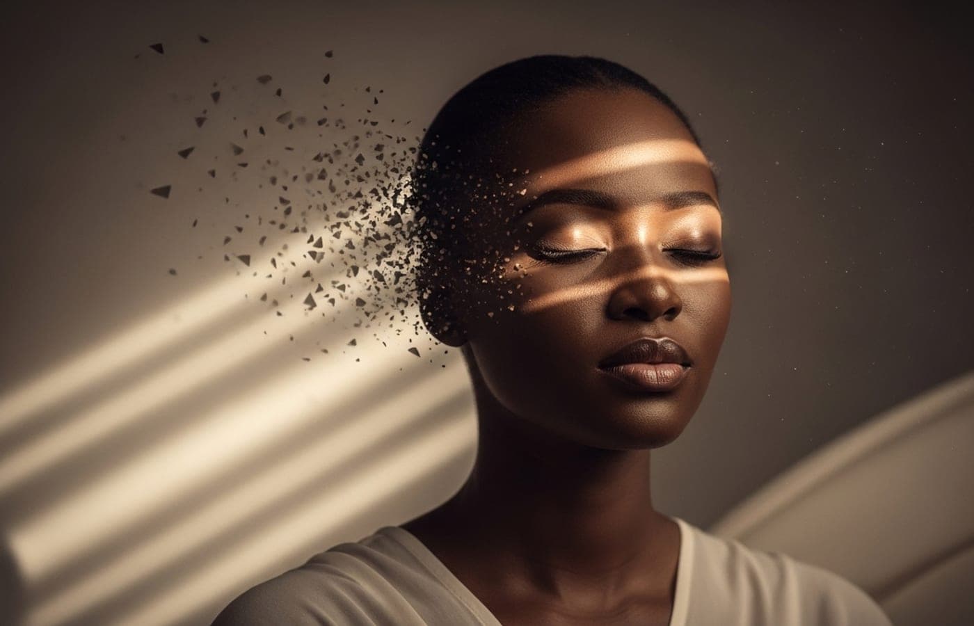 A woman at rest as fragments of light lift from her, an image of pieces gathering into wholeness