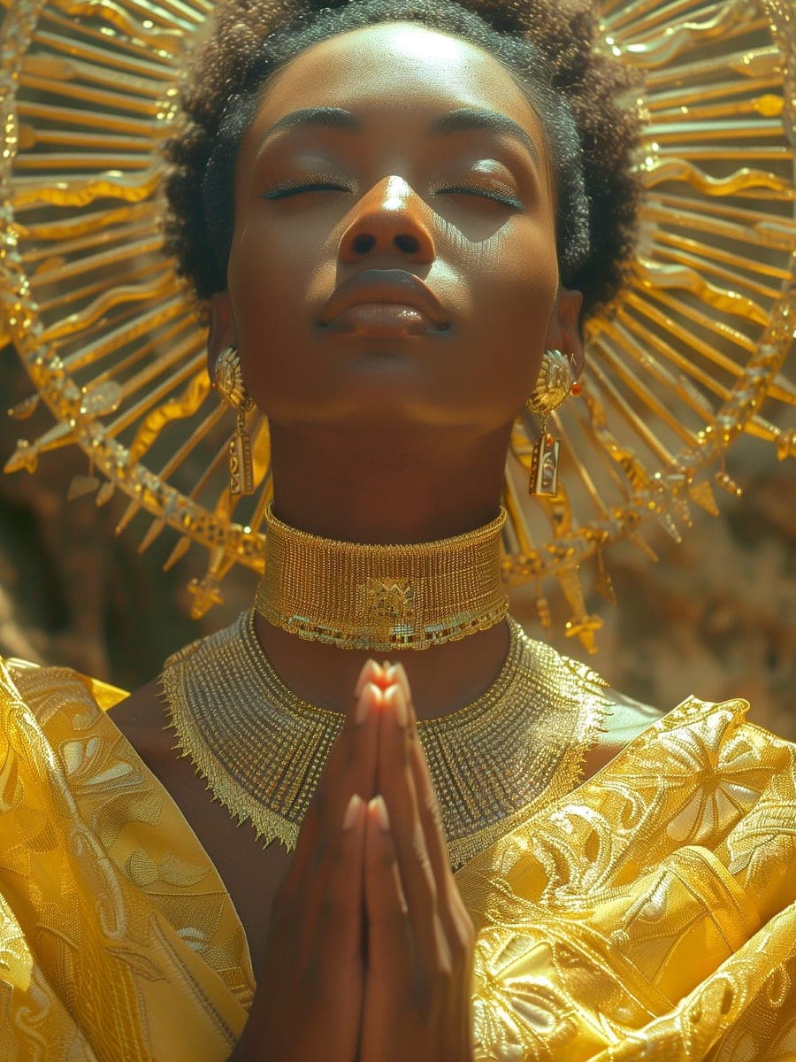 A woman at prayer inside a radiating crown of gold light
