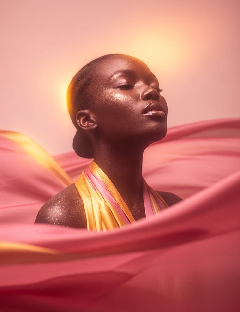 A woman at rest in rose and gold light, her face turned toward the warmth