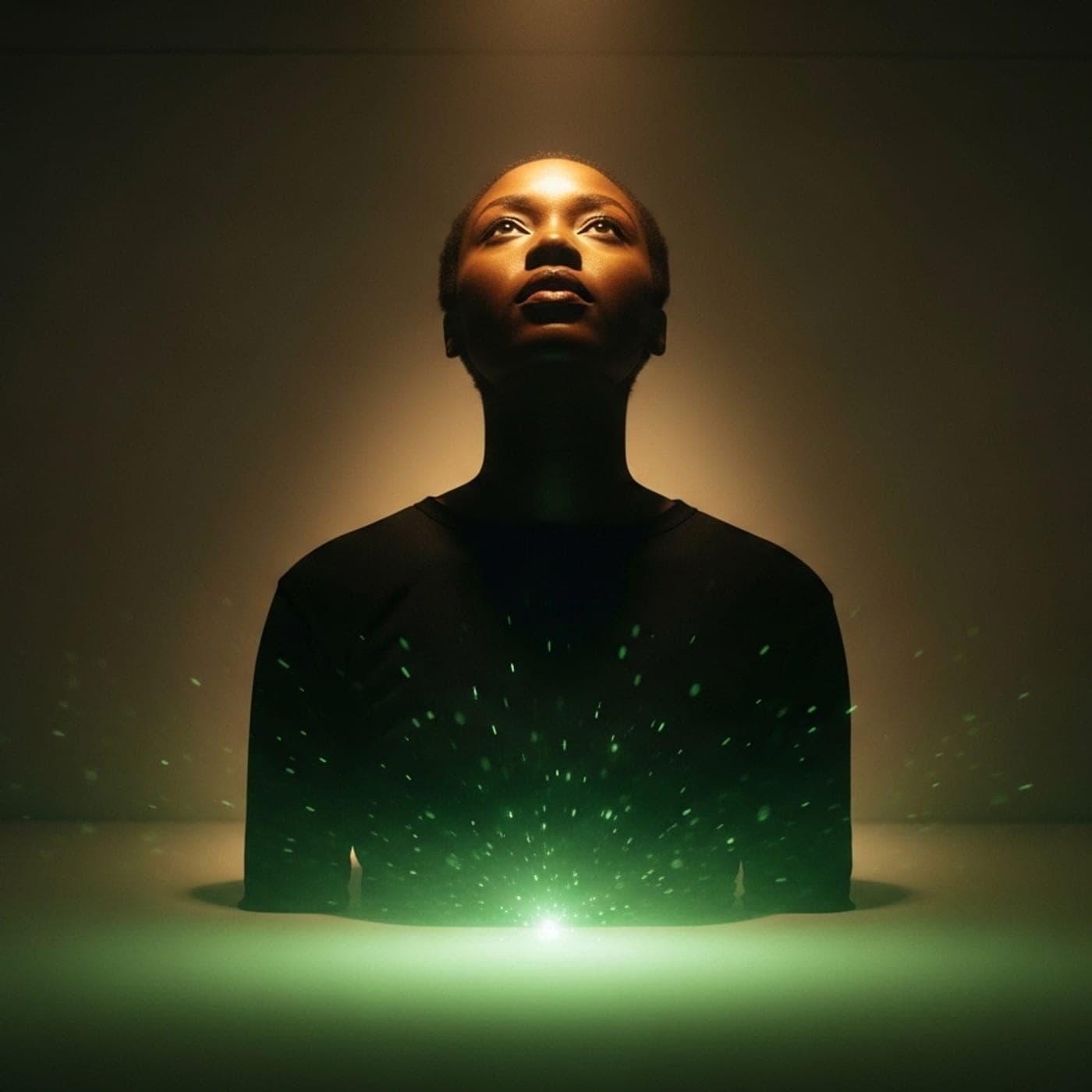 A woman looking upward into warm light with green sparks rising around her