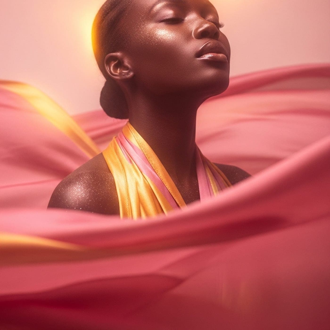 A woman surrounded by rose and gold silk, her face lit with warm morning light