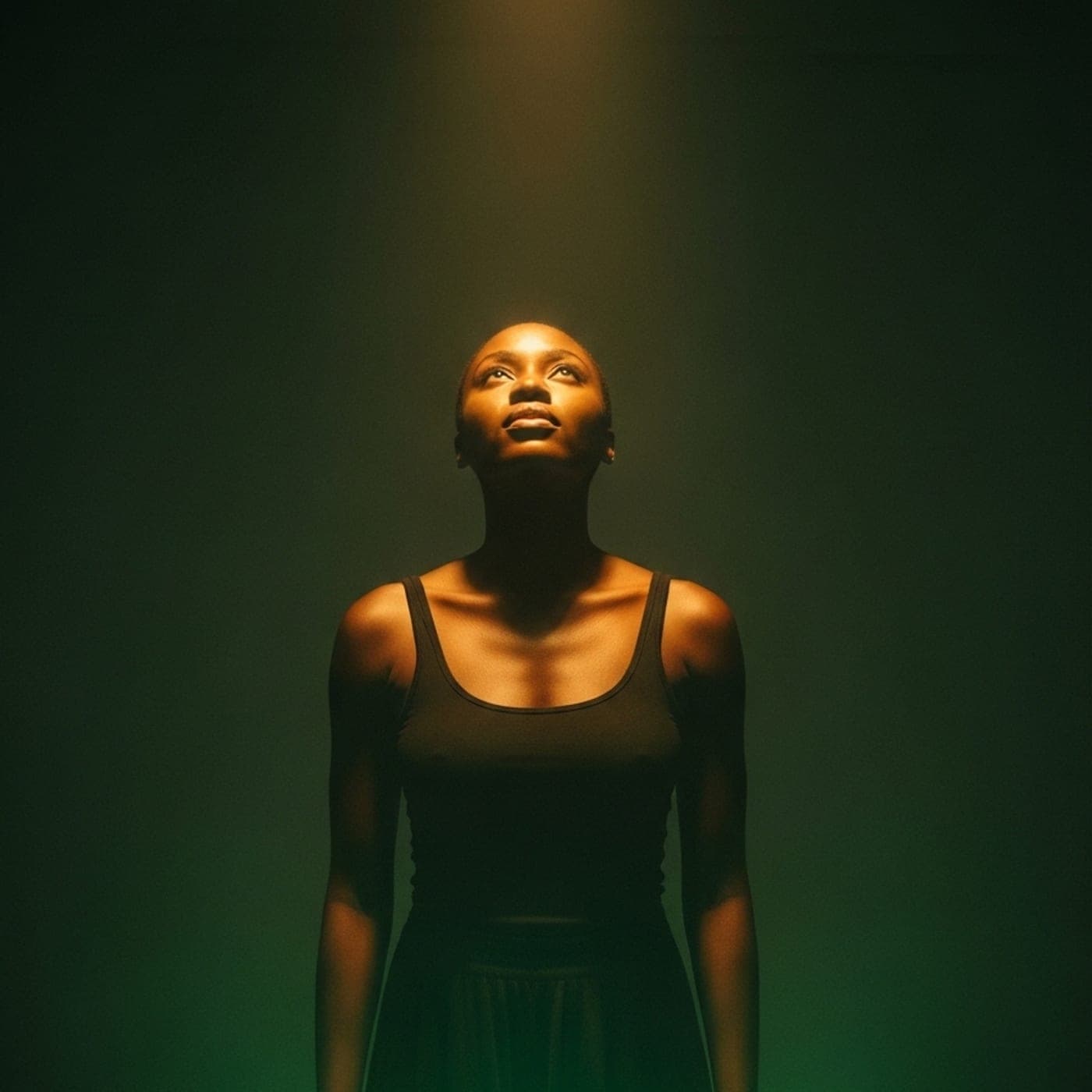 A woman standing alone inside a quiet column of light, waiting