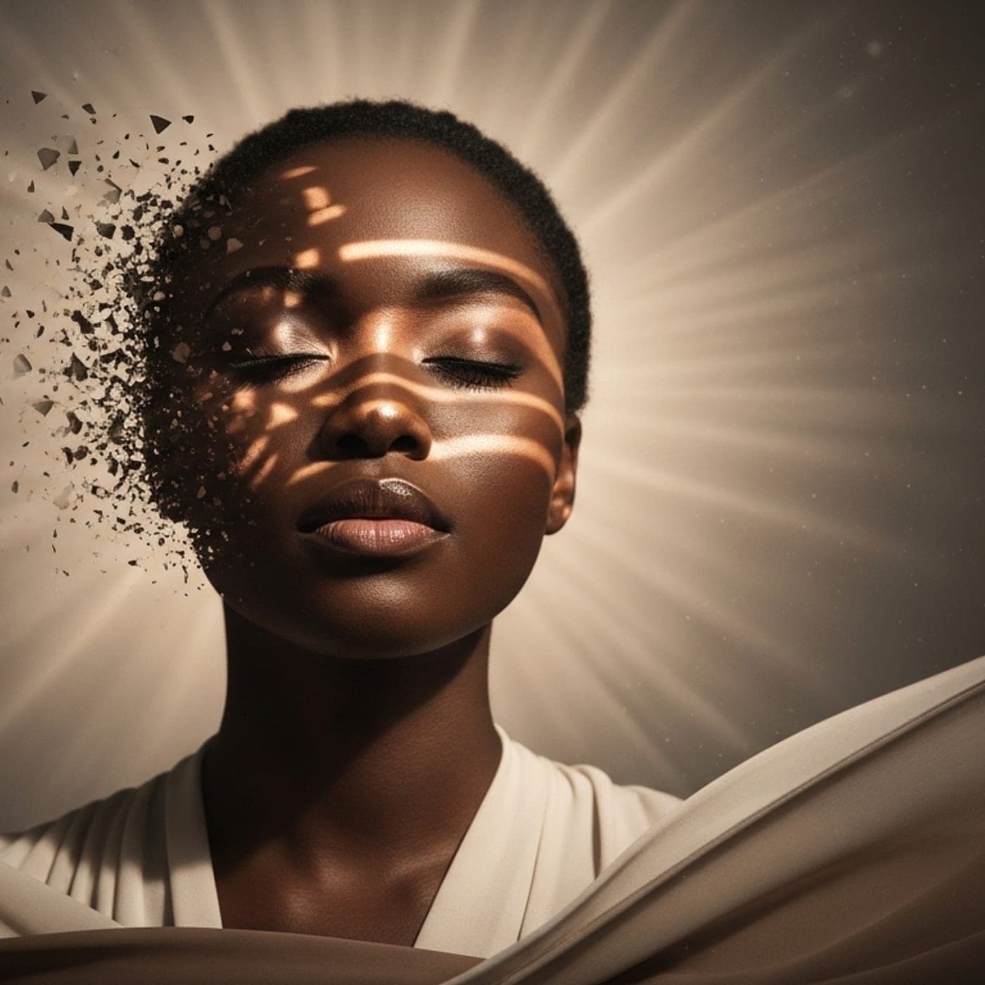 A woman with her eyes closed resting in warm gold light, held in stillness