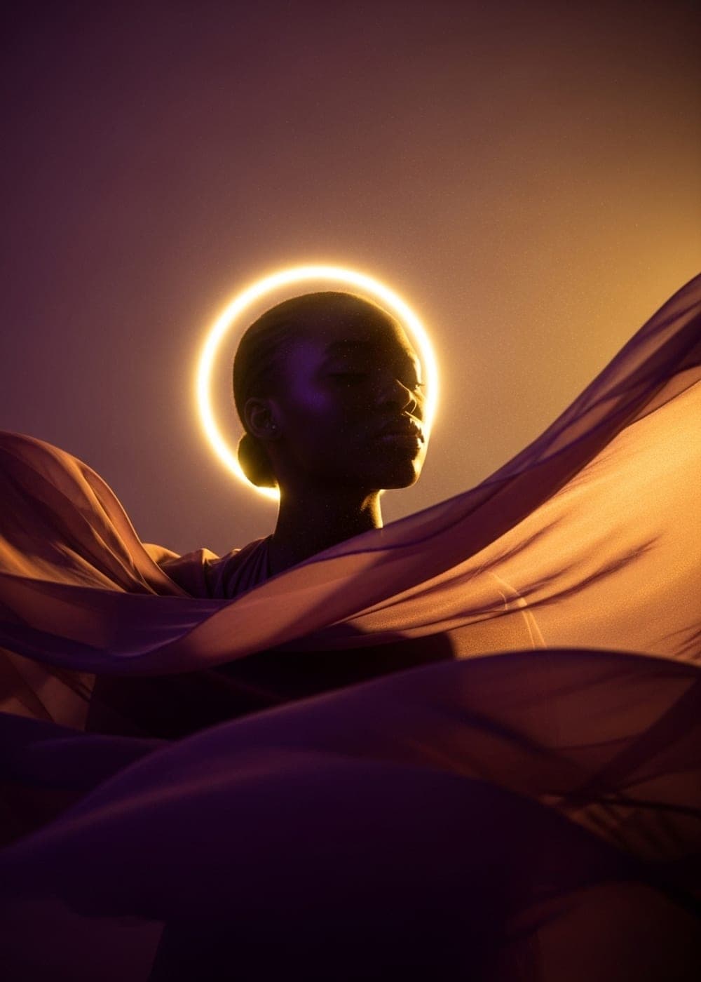 A woman in profile before a glowing ring of gold light, wrapped in flowing purple fabric
