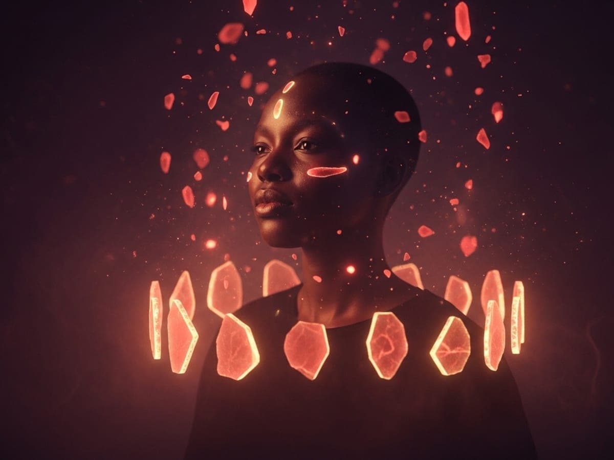 Glowing broken fragments gathering into a circle around a woman in shadow