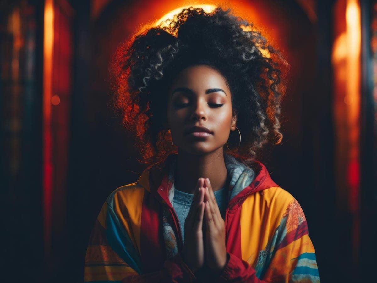 A woman praying with her eyes closed, lit by warm light in an ordinary moment